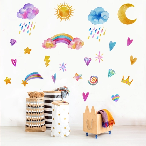 Watercolor Rainbow Unicorn Wall Sticker PVC Decorative Decal For Nursery Kids Bedroom Hand-Painted Style Art Wall Decal