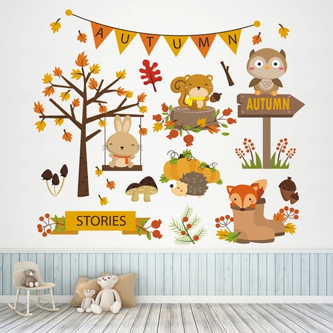 Herfst Bosdieren Muurstickers Vos Eekhoorn Konijn PVC Waterdicht Cartoon Stickers Voor Kinderkamer Huis Decoratie