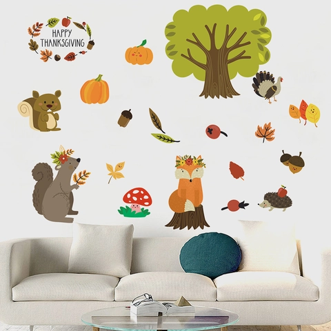 Adesivi Murali del Ringraziamento Animali Cartoni Scoiattolo Tacchino Albero Zucca Foglia d'Autunno PVC per Casa Decorazione