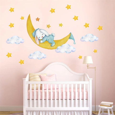 Aquarell Cartoon Hase Schläft Auf Mond Wandaufkleber PVC Wasserdicht Sterne Wolken Kinderzimmer Schlafzimmer Wandtattoo Dekoration