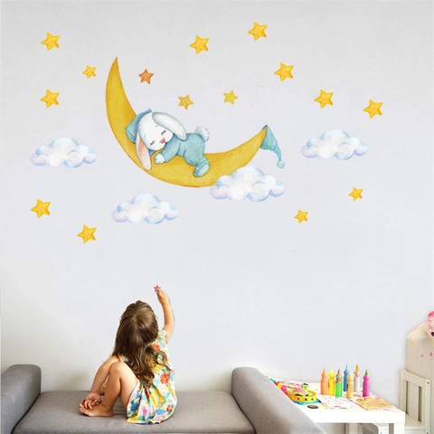Aquarell Cartoon Hase Schläft Auf Mond Wandaufkleber PVC Wasserdicht Sterne Wolken Kinderzimmer Schlafzimmer Wandtattoo Dekoration