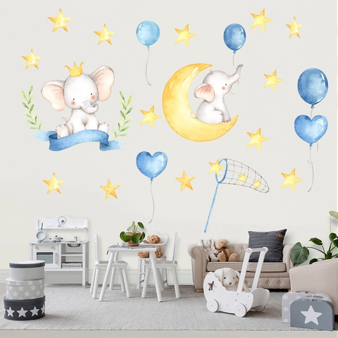 Stickers Muraux en PVC Aquarelle Éléphant Lune Étoiles Dessin Animé Moderne Pour Chambre d'Enfant Imperméable Décoratif