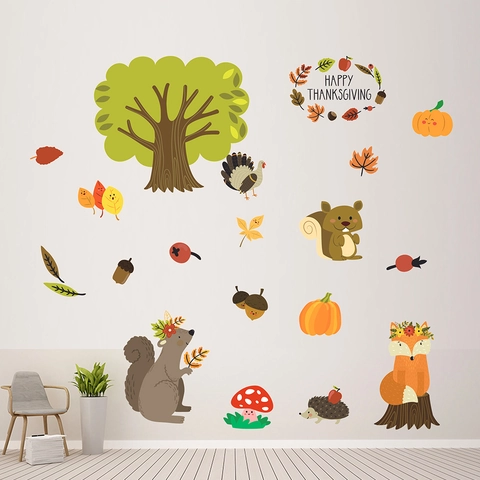 Adesivi Murali del Ringraziamento Animali Cartoni Scoiattolo Tacchino Albero Zucca Foglia d'Autunno PVC per Casa Decorazione