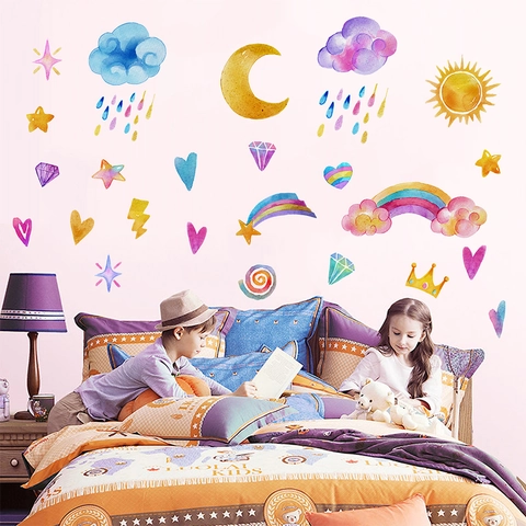 Watercolor Rainbow Unicorn Wall Sticker PVC Decorative Decal For Nursery Kids Bedroom Hand-Painted Style Art Wall Decal