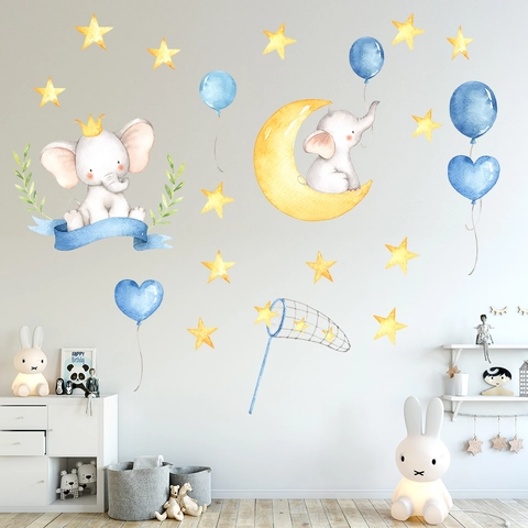 Stickers Muraux en PVC Aquarelle Éléphant Lune Étoiles Dessin Animé Moderne Pour Chambre d'Enfant Imperméable Décoratif