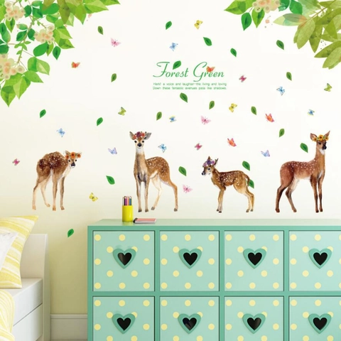 Adesivi Murali Foresta Cervi Acquerello PVC Removibile Animale Farfalle Foglie per Soggiorno Camera Letto Sfondo TV Casa Decor