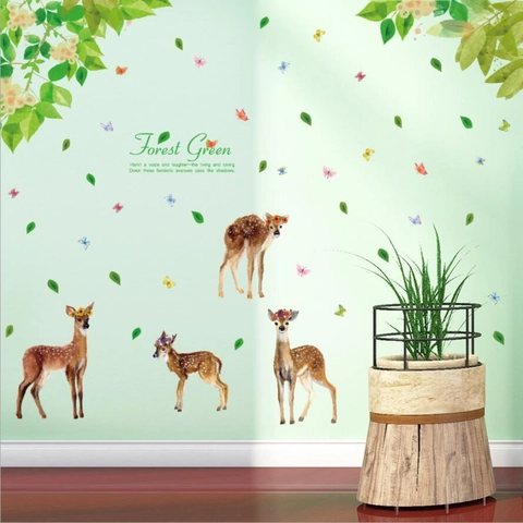 Adesivi Murali Foresta Cervi Acquerello PVC Removibile Animale Farfalle Foglie per Soggiorno Camera Letto Sfondo TV Casa Decor