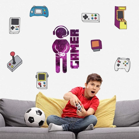 Adesivi Murali Controller Videogiochi Gamer Astronauta Silhouette Retrò Console Arcade Decalcomanie per Camera Bambini Decorazione