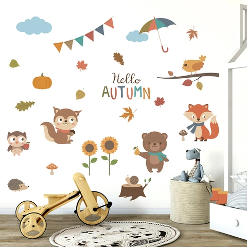 Vinilos de Pared de Animales del Bosque de Dibujos Animados de Otoño PVC Impermeable Acción de Gracias Hoja de Arce