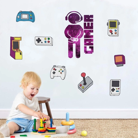 Adesivi Murali Controller Videogiochi Gamer Astronauta Silhouette Retrò Console Arcade Decalcomanie per Camera Bambini Decorazione