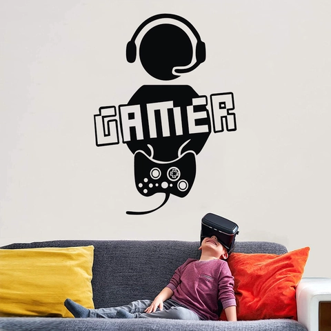 Gamer Theme Wall Sticker PVC Waterproof Decal For Bedroom Kids Room Decor Gaming Controller Headset Silhouette DIY Wall Art Black