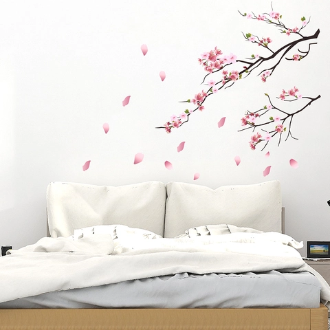 Pink Cherry Blossom Tree Branch Wall Sticker Removable PVC Waterproof Floral Mural Decal For Living Room Bedroom Nursery Home Decor