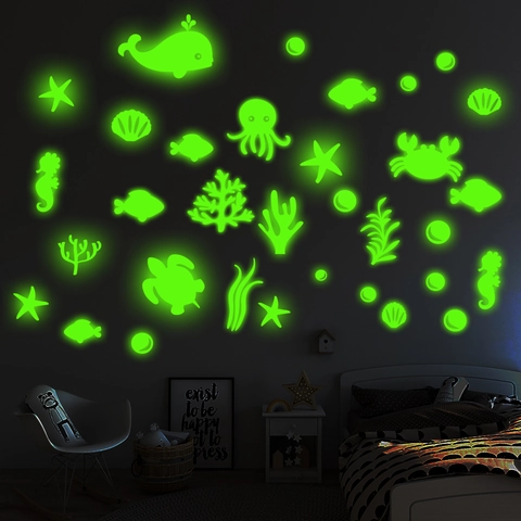 Pegatinas de Pared de Vida Marina que Brillan en la Oscuridad PVC Luminoso Ballena Tortuga Pulpo para Niños