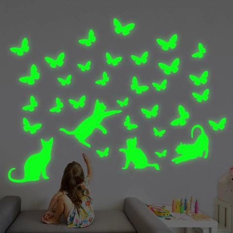 Luminous Glow In The Dark Wall Sticker Cat Butterfly Pattern PVC Decal For Kids Room Bedroom Home Decor Waterproof DIY Mural