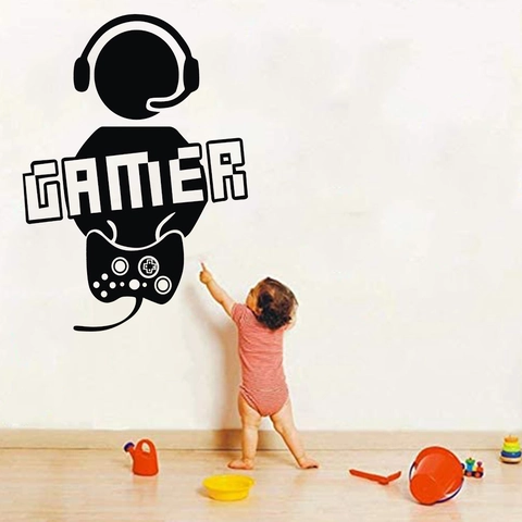 Gamer Theme Wall Sticker PVC Waterproof Decal For Bedroom Kids Room Decor Gaming Controller Headset Silhouette DIY Wall Art Black