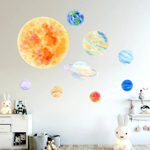 Watercolor Solar System Planets Wall Stickers For Kids Room Decor PVC Sun Earth Educational Space Art Mural
