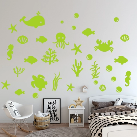 Pegatinas de Pared de Vida Marina que Brillan en la Oscuridad PVC Luminoso Ballena Tortuga Pulpo para Niños
