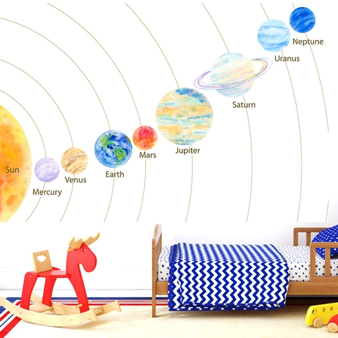 Watercolor Solar System Planets Wall Stickers For Kids Room Decor PVC Sun Earth Educational Space Art Mural