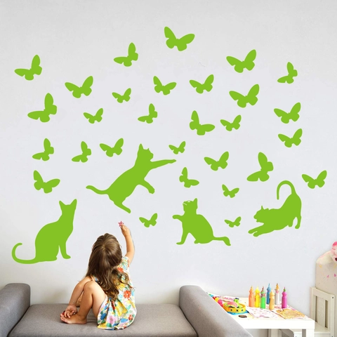 Luminous Glow In The Dark Wall Sticker Cat Butterfly Pattern PVC Decal For Kids Room Bedroom Home Decor Waterproof DIY Mural