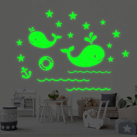 Im Dunkeln Leuchtende Wal Sterne Wandtattoo Fluoreszierende PVC Aufkleber Für Kinderzimmer Ozean Thema Abnehmbar