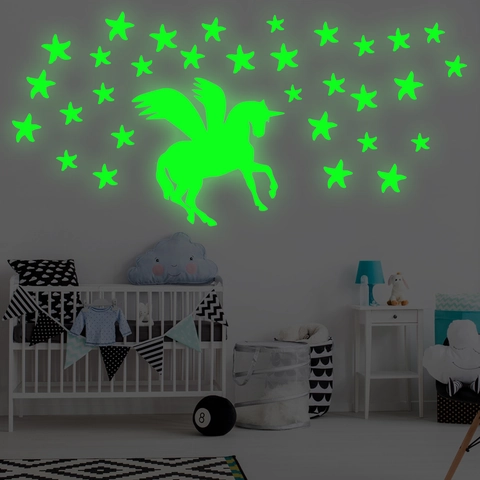 Luminous Unicorn Pegasus Star Wall Stickers Glow In The Dark PVC Decals For Kids Room Bedroom Nursery Wall Home Decoration