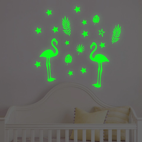 Adesivi Murali Fenicottero e Foglie Tropicali Fluorescenti Stelle Luminose Adesive in Vinile per Decorazione Cameretta Bambini