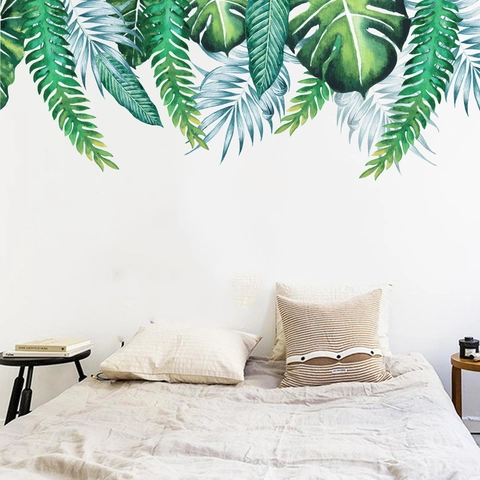Sticker Mural Feuilles Vertes Tropicales Imperméable PVC Monstera Palme Feuille Aquarelle Décalcomanie Pour Salon Chambre Décoration