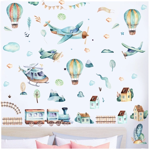 Vinilos Decorativos Transporte Acuarela Dibujos Animados Avión Tren Globo Aerostático Adhesivos PVC Impermeables para Cuarto Niños