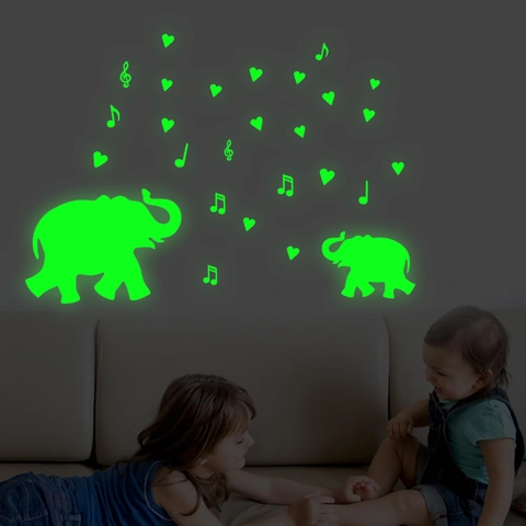 Stickers Muraux Éléphant Dessin Animé Lumineux Brille Dans Le Noir PVC Fluorescent Cœur Notes Musique Pour Décoration Chambre