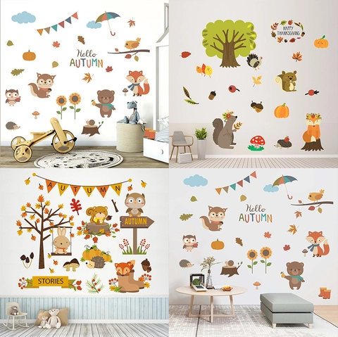 Vinilos de Pared de Animales del Bosque de Dibujos Animados de Otoño PVC Impermeable Acción de Gracias Hoja de Arce