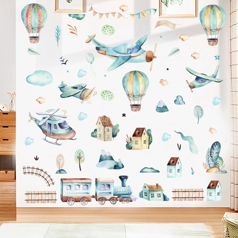 Vinilos Decorativos Transporte Acuarela Dibujos Animados Avión Tren Globo Aerostático Adhesivos PVC Impermeables para Cuarto Niños