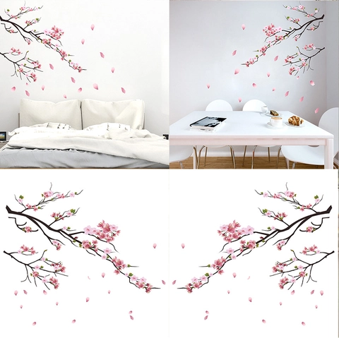 Pink Cherry Blossom Tree Branch Wall Sticker Removable PVC Waterproof Floral Mural Decal For Living Room Bedroom Nursery Home Decor
