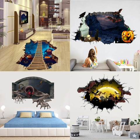 Halloween Pumpkin 3D Broken Wall Sticker Horror Ghost House PVC Decal For Living Room Bedroom Halloween Home Decoration