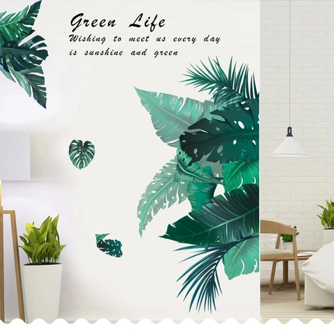 Pegatinas de Pared de Hojas Verdes Nórdicas Monstera Hoja de Palma Letras Green Life Impermeable PVC para Sala de Estar Dormitorio
