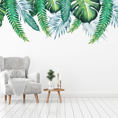 Sticker Mural Feuilles Vertes Tropicales Imperméable PVC Monstera Palme Feuille Aquarelle Décalcomanie Pour Salon Chambre Décoration
