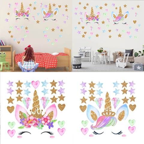 Adesivi Murali Unicorno Cartone Animato Acquerello Con Stelle Cuori Glitter Oro Decorazione per Cameretta Bambini PVC Decalcomanie