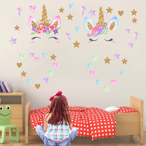 Adesivi Murali Unicorno Cartone Animato Acquerello Con Stelle Cuori Glitter Oro Decorazione per Cameretta Bambini PVC Decalcomanie