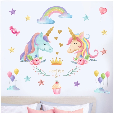 Adesivi Murali Unicorno Acquerello Arcobaleno Per Camera Bambini Soggiorno Arredamento Impermeabile PVC Removibile Cuore Stella DIY