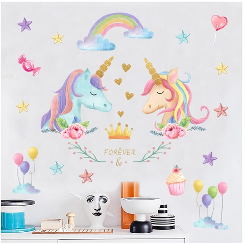 Adesivi Murali Unicorno Acquerello Arcobaleno Per Camera Bambini Soggiorno Arredamento Impermeabile PVC Removibile Cuore Stella DIY