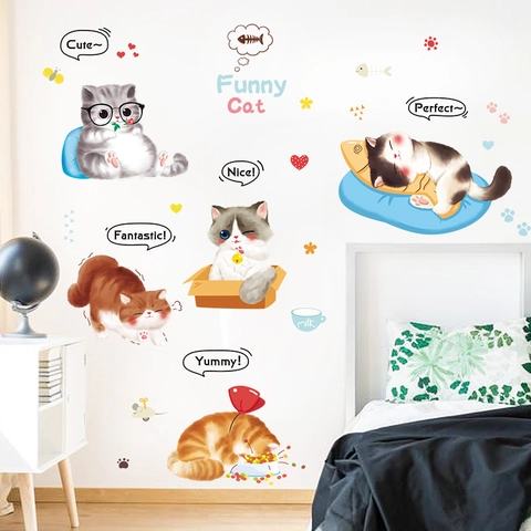 Cartoon Süße Katze Wandtattoos PVC Wasserdicht Abnehmbar Handgezeichnet Kätzchen Aufkleber Für Schlafzimmer Wohnzimmer Kinderzimmer