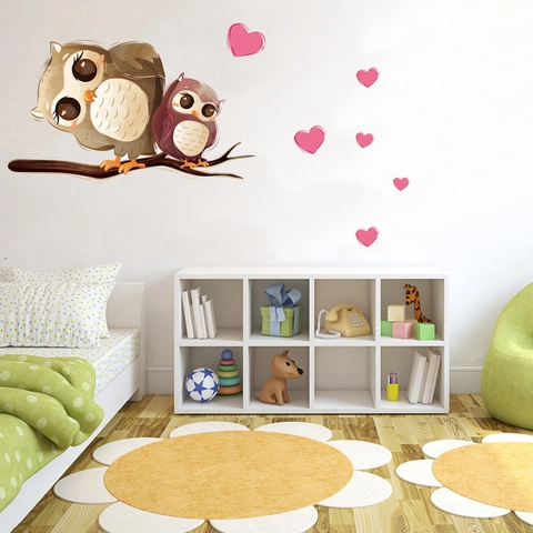 Cartone Animato Gufo Ramo d'Albero Adesivi Murali per Cameretta Bambini Asilo Decor Impermeabile PVC Autoadesivo Cuore