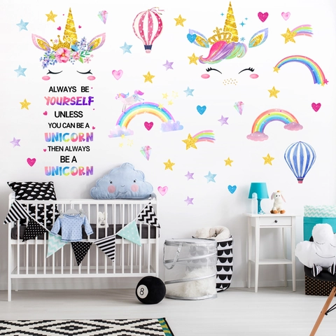 Eenhoorn Regenboog Luchtballon Muurstickers Voor Kinderkamer Decor PVC Waterdicht Cartoon Hart Ster Muurstickers Voor Meisjes