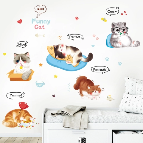 Cartoon Süße Katze Wandtattoos PVC Wasserdicht Abnehmbar Handgezeichnet Kätzchen Aufkleber Für Schlafzimmer Wohnzimmer Kinderzimmer