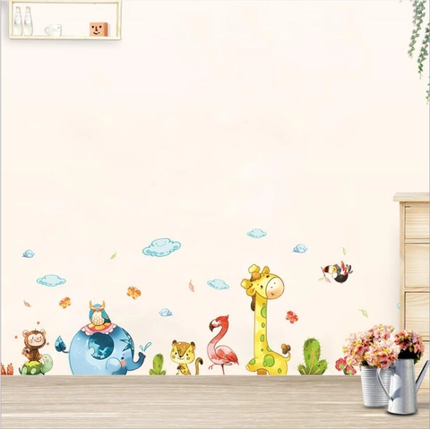 Cartoon Animals Wall Stickers For Kids Room Removable PVC Waterproof Giraffe Elephant DIY Wall Decals Nursery Kindergarten Decor