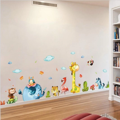 Cartoon Animals Wall Stickers For Kids Room Removable PVC Waterproof Giraffe Elephant DIY Wall Decals Nursery Kindergarten Decor