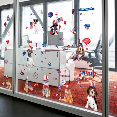 Independence Day Window Clings Patriotic PVC Static Cling Decals For Glass Window Door American Flag Dog Cat Stickers