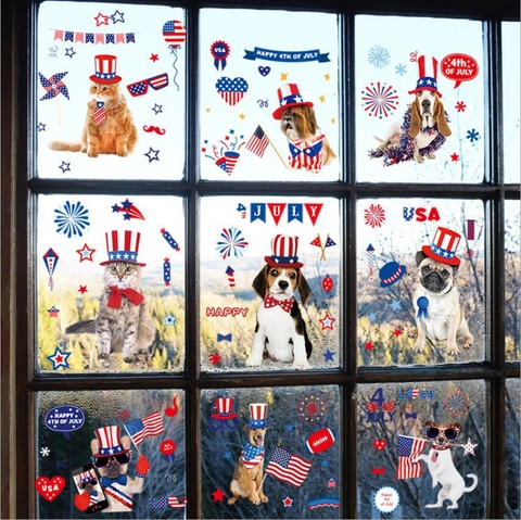 Independence Day Window Clings Patriotic PVC Static Cling Decals For Glass Window Door American Flag Dog Cat Stickers