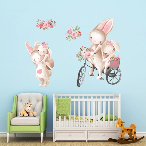 Adesivi Murali Acquerello Con Coniglio in Bicicletta Fiori Rosa Adesivo Cameretta Impermeabile PVC DIY Decorazione Parete