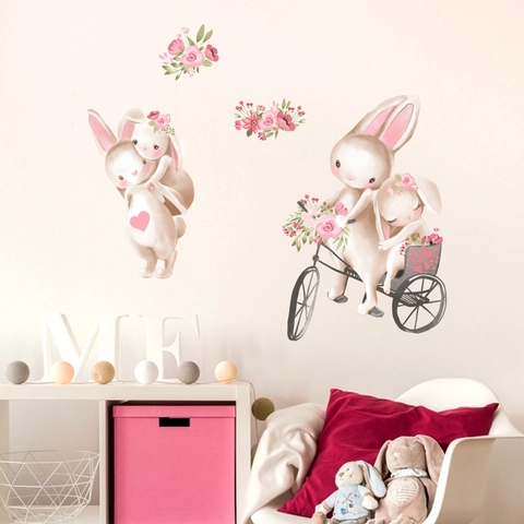 Adesivi Murali Acquerello Con Coniglio in Bicicletta Fiori Rosa Adesivo Cameretta Impermeabile PVC DIY Decorazione Parete