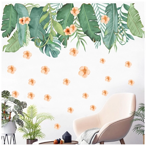 Adesivi Murali Foglie Verdi Tropicali Monstera Foglia di Banano Fiori Arancioni in PVC Impermeabile Removibile DIY Decalcomania Decorazione Casa per Soggiorno Camera da Letto